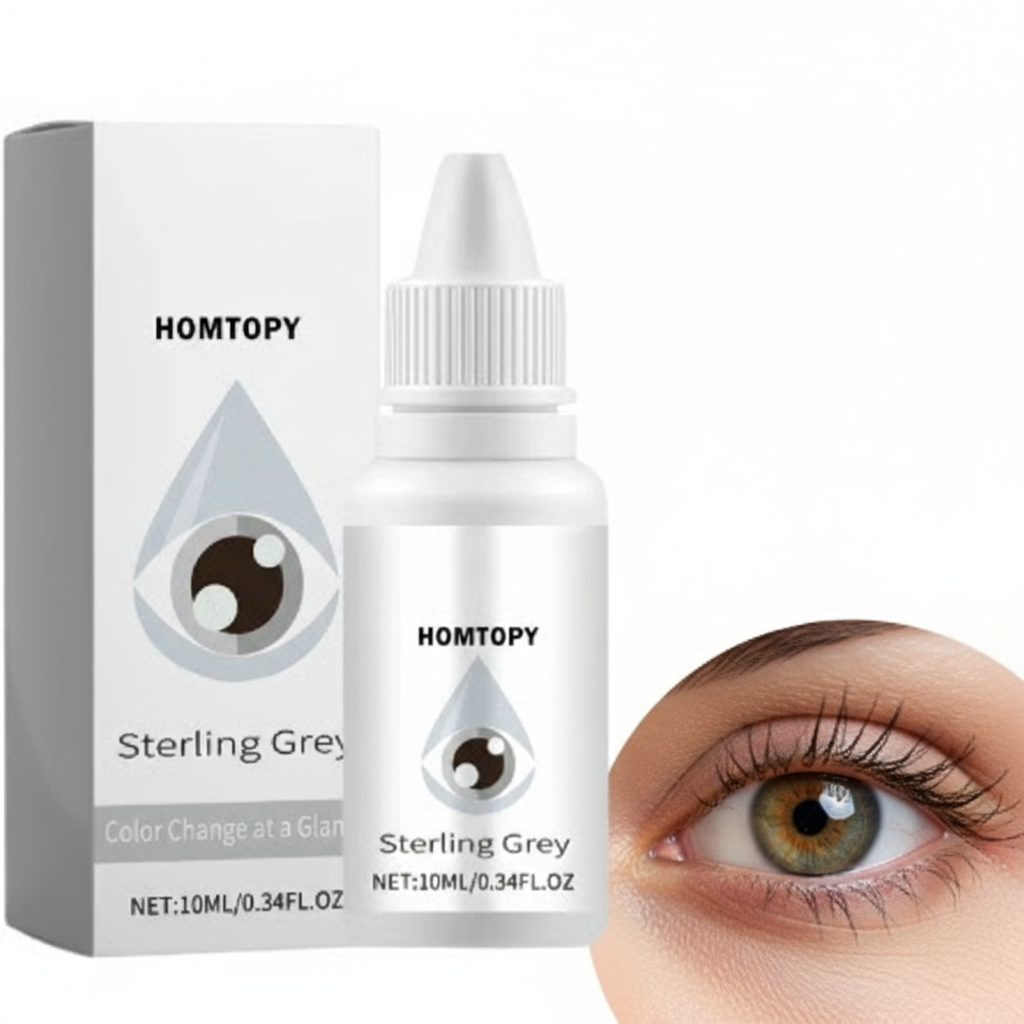 HOMTOPY Sterling Grey eye drop bottle and packaging with a close-up of a sterling grey eye.