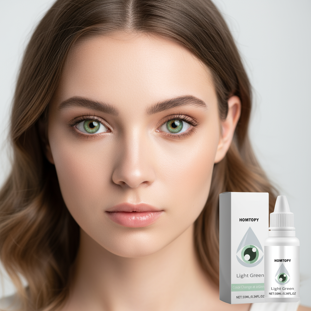 HOMTOPY light green eye drops with packaging and a close-up of light green eye
