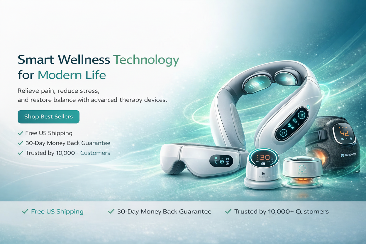 Smart wellness technology devices with promotional text on a light blue background